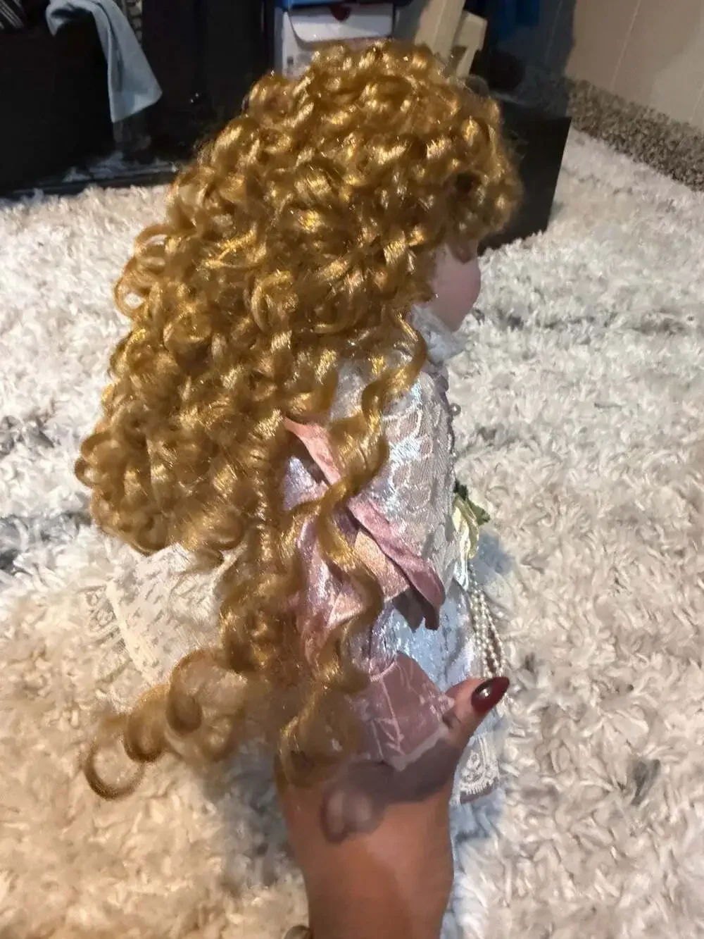 Vintage Bisque Porcelain Collector Doll with Curly Blonde Hair
